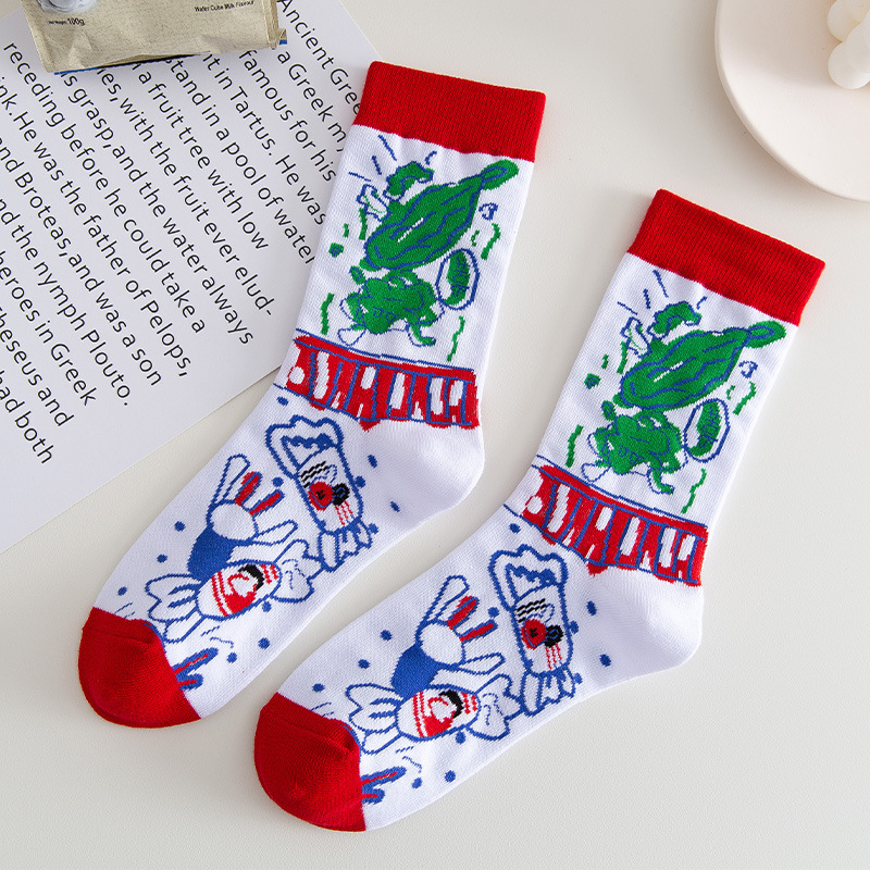 Couple Sitting Socks Cute Tide INS Cartoon Anime Illustration Stockings Men Women Cotton Socks